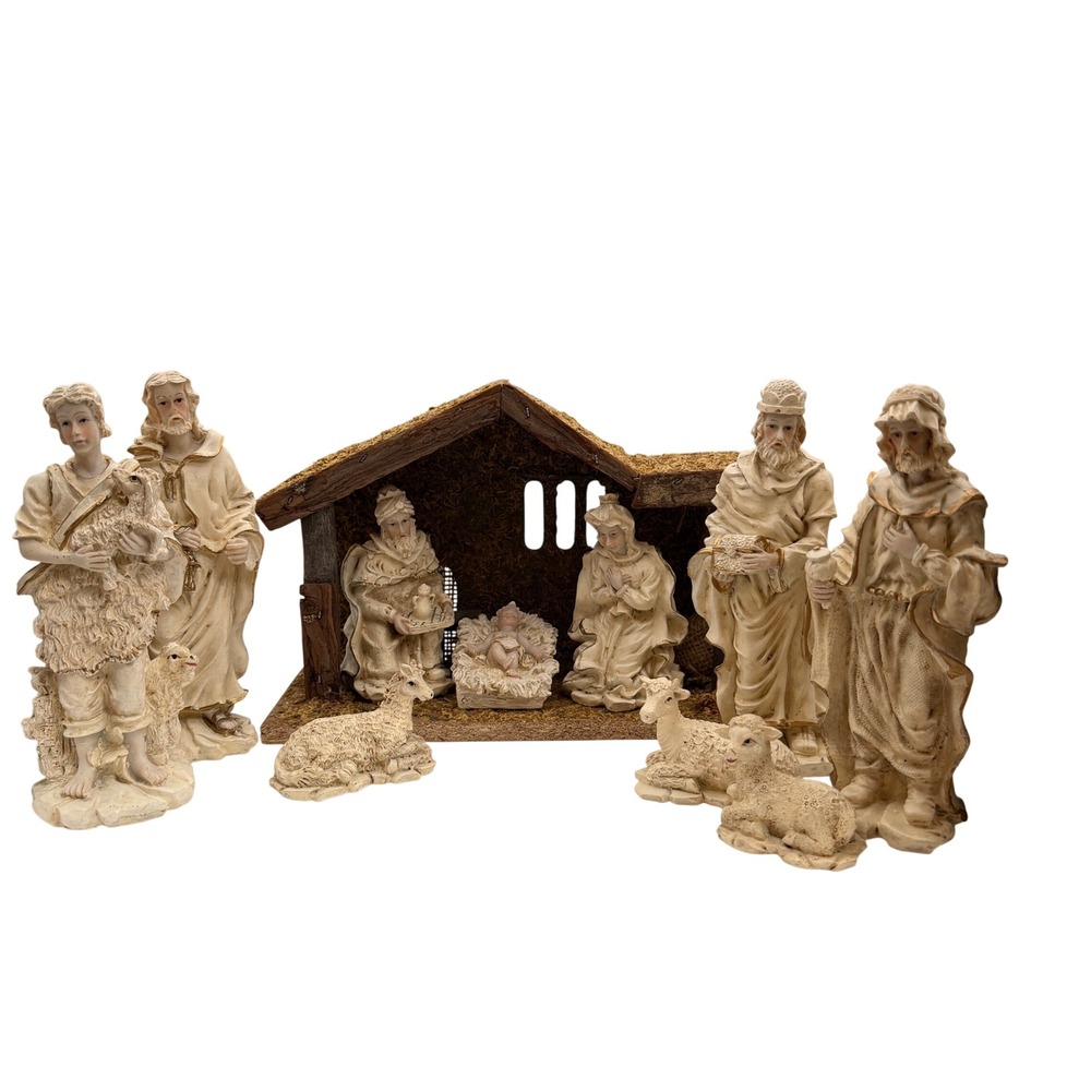 Nativity Set Cream Gold 11 Piece Rustic Manger Scene Decor Christmas Traditional